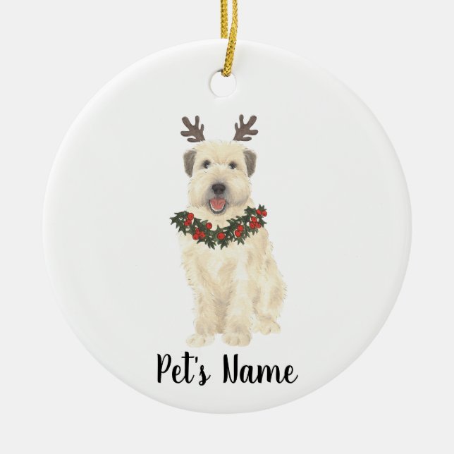 Personalised Wheaten Terrier Antlers and Bow Tie Ceramic Ornament (Front)