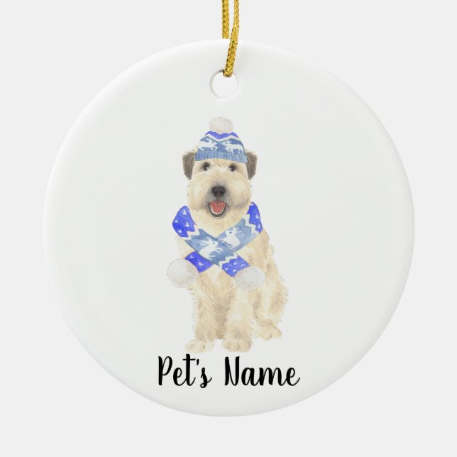 Personalised Wheaten Terrier Christmas Blue Scarf  Ceramic Ornament (Front)