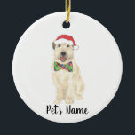 Personalised Wheaten Terrier Christmas Hat Bow Tie Ceramic Ornament<br><div class="desc">I am in love with this beautifully detailed watercolor illustration of a smiling wheaten terrier with little red santa hat and a bow tie! Personalise these ornaments and make the nice list this year! For the perfect presents, pair it with a matching item from the collection for a thoughtful housewarming,...</div>