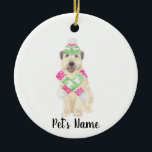 Personalised Wheaten Terrier Christmas Pink Scarf  Ceramic Ornament<br><div class="desc">I am in love with this beautifully detailed watercolor illustration of a smiling wheaten terrier with little pink and green ski hat and scarf outfit! Personalise these ornaments and make the nice list this year! For the perfect presents, pair it with a matching item from the collection for a thoughtful...</div>