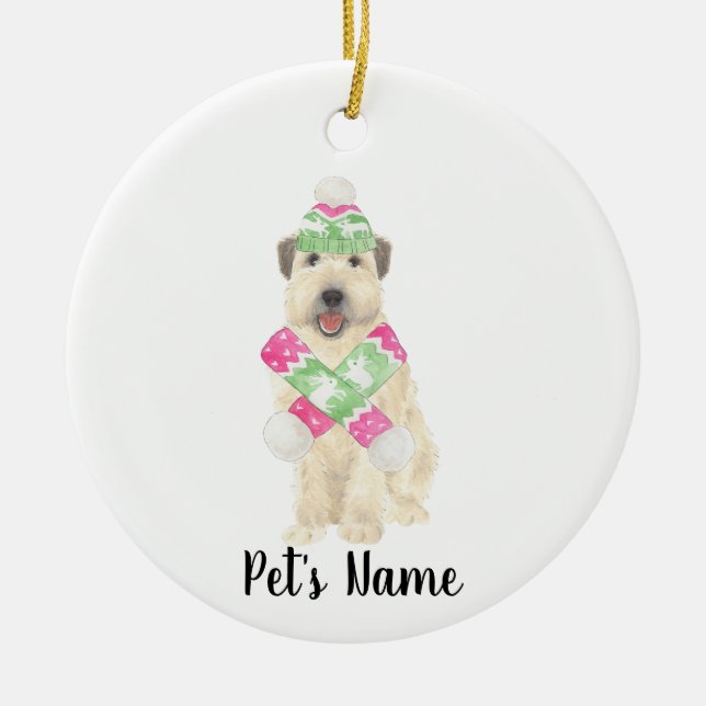 Personalised Wheaten Terrier Christmas Pink Scarf  Ceramic Ornament (Front)