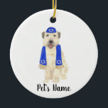 Personalised Wheaten Terrier Yarmulke and Scarf  Ceramic Ornament<br><div class="desc">I am in love with this beautifully detailed watercolor illustration of a smiling wheaten terrier with little blue and white yarmulke and scarf outfit! Personalise these ornaments and make the nice list this year! For the perfect presents, pair it with a matching item from the collection for a thoughtful housewarming,...</div>