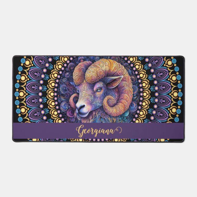 Personalised Whimsical Aries Zodiac Dot Mandala Desk Mat (Front)