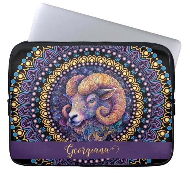 Personalised Whimsical Aries Zodiac Dot Mandala Laptop Sleeve (Front)