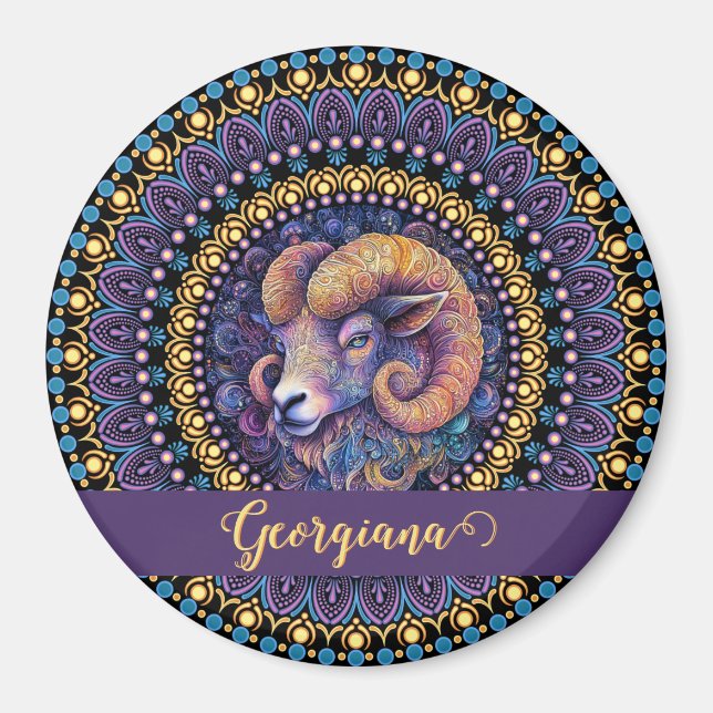 Personalised Whimsical Aries Zodiac Dot Mandala Magnet (Front)