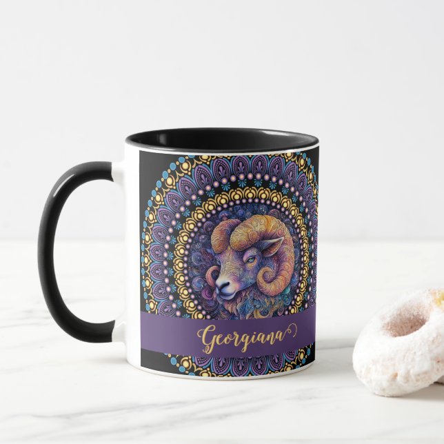 Personalised Whimsical Aries Zodiac Dot Mandala Mug (With Donut)