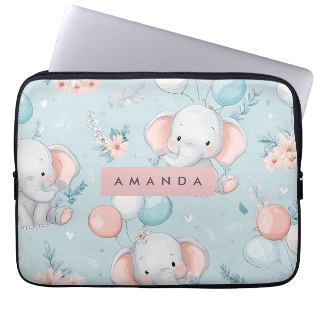 Personalised Whimsical Baby Elephant Pattern Laptop Sleeve (Front)