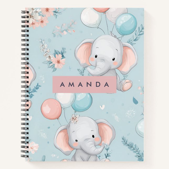 Personalised Whimsical Baby Elephant Pattern Notebook (Front)
