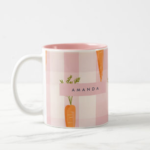 Personalised Whimsical Carrot and Pink Gingham Two-Tone Coffee Mug