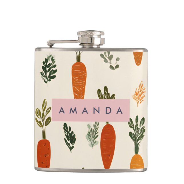 Personalised Whimsical Carrot Patch Rustic Hip Flask (Front)
