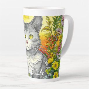 Personalised Whimsical Cat and Flowers Latte Mug