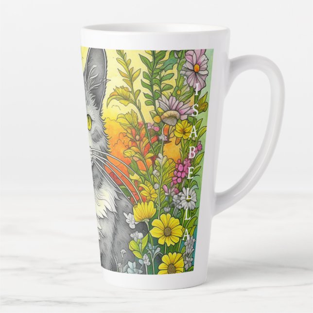 Personalised Whimsical Cat and Flowers Latte Mug (Right)