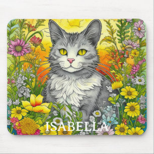 Personalised Whimsical Cat and Flowers Mouse Pad