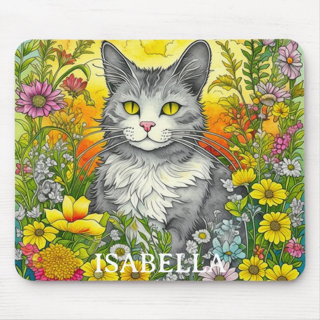 Personalised Whimsical Cat and Flowers Mouse Pad (Front)