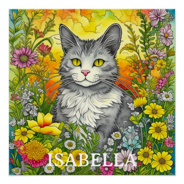 Personalised Whimsical Cat and Flowers Poster (Front)