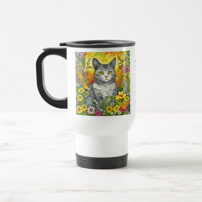 Personalised Whimsical Cat and Flowers Travel Mug (Left)