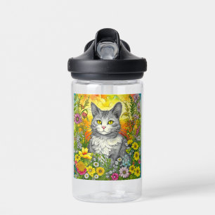 Personalised Whimsical Cat and Flowers Water Bottle