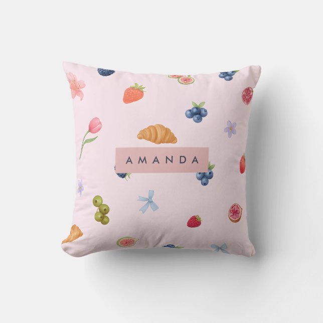 Personalised Whimsical Croissant & Berry Pattern Cushion (Front)