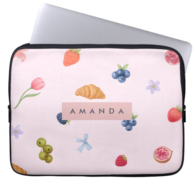Personalised Whimsical Croissant & Berry Pattern Laptop Sleeve (Front)