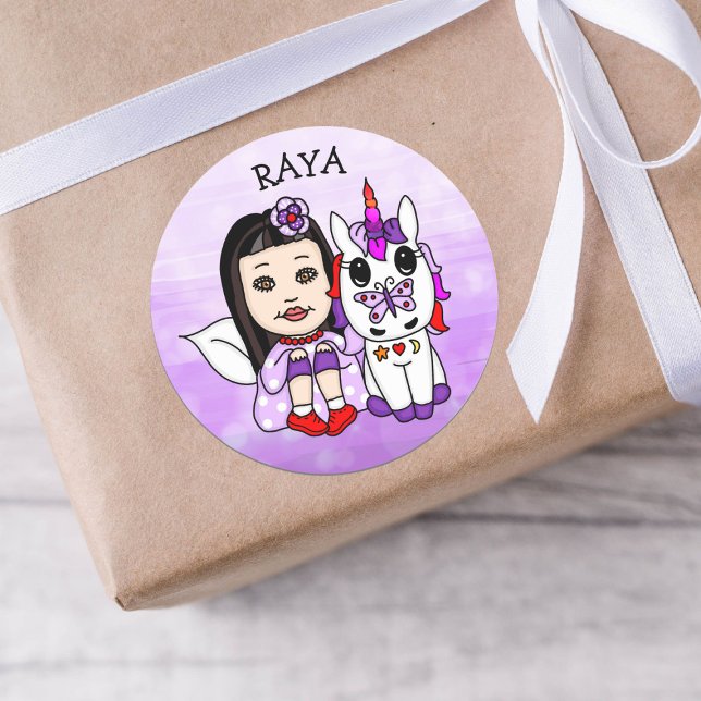 Personalised Whimsical Fairy and Unicorn   Classic Round Sticker (Creator Uploaded)