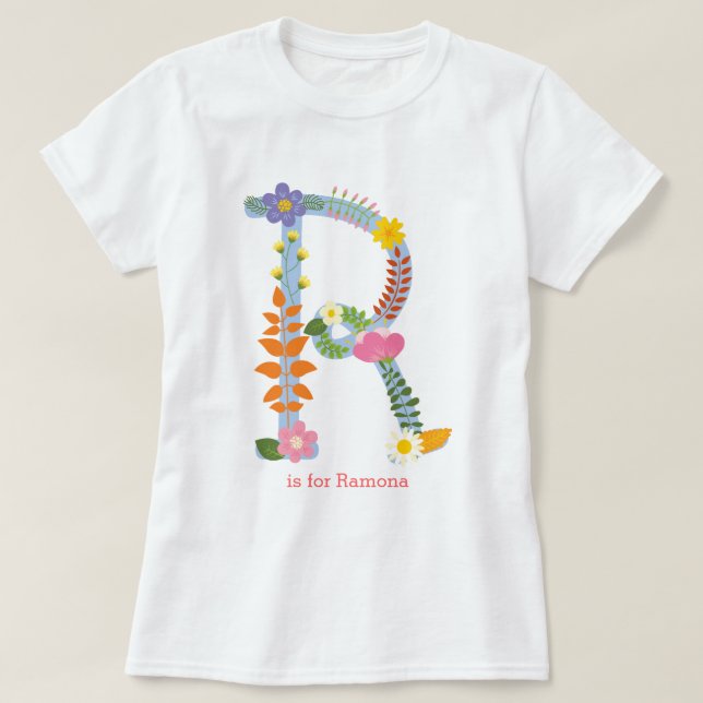 Personalised Whimsical Flower Monogram (R) T-Shirt (Design Front)