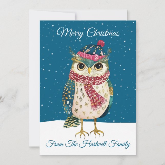 Personalised Whimsical Folk Art Style Owl Holiday Card (Front)