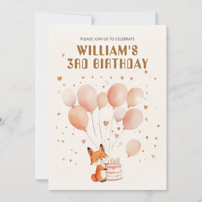 Personalised Whimsical Fox and Balloons Birthday  Invitation (Front)