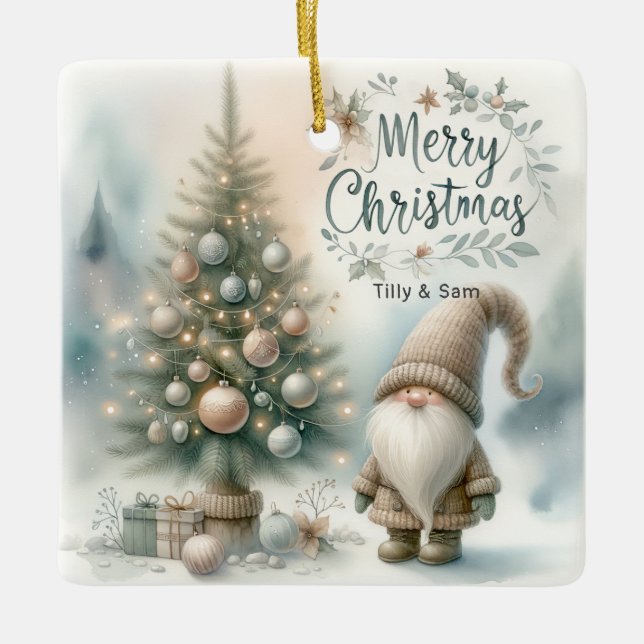 Personalised Whimsical Gnome Christmas Tree  Ceramic Ornament (Front)