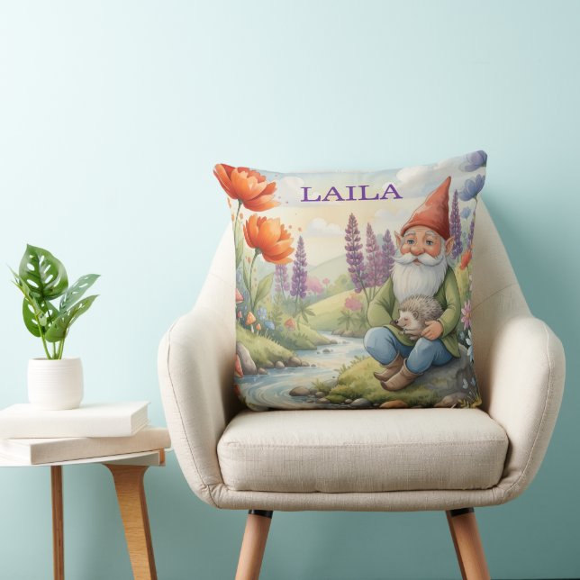 Personalised whimsical gnome flowers pillow (Chair)