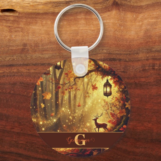 Personalised Whimsical Golden Autumnal Woodland Key Ring (Front)