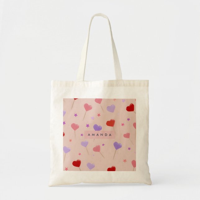 Personalised Whimsical Heart Lollipops Pattern Tote Bag (Front)