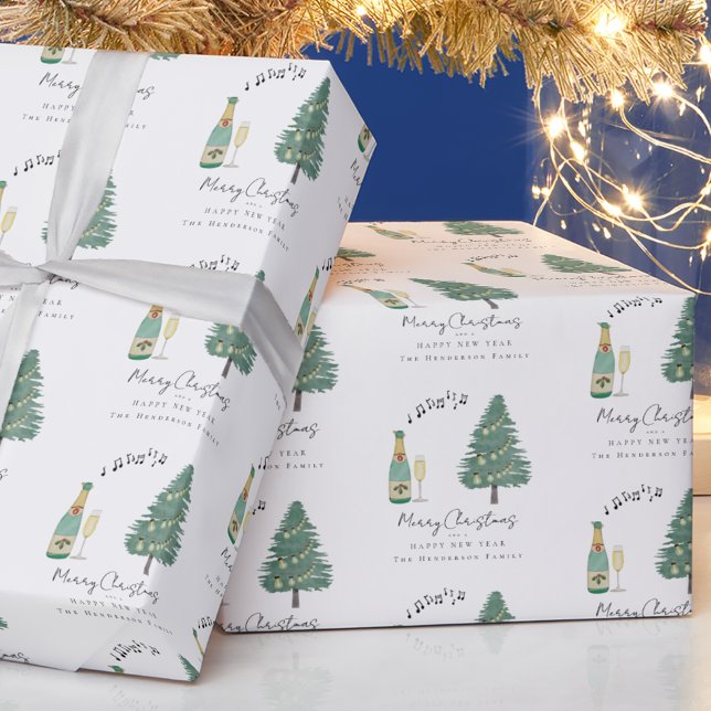 Personalised Whimsical Music Wine Tree Christmas Wrapping Paper (Personalized merry Christmas happy new year family name whimsical tree wine music wrapping paper)
