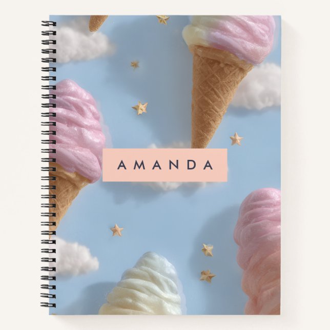 Personalised Whimsical Pastel Ice Cream Pattern Notebook (Front)