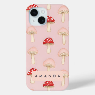 Personalised Whimsical Red Pink Mushroom Pattern iPhone 15 Case