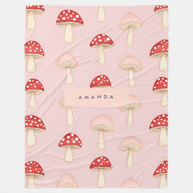 Personalised Whimsical Red Pink Mushroom Pattern Fleece Blanket (Front)