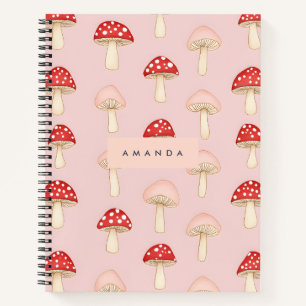 Personalised Whimsical Red Pink Mushroom Pattern Notebook