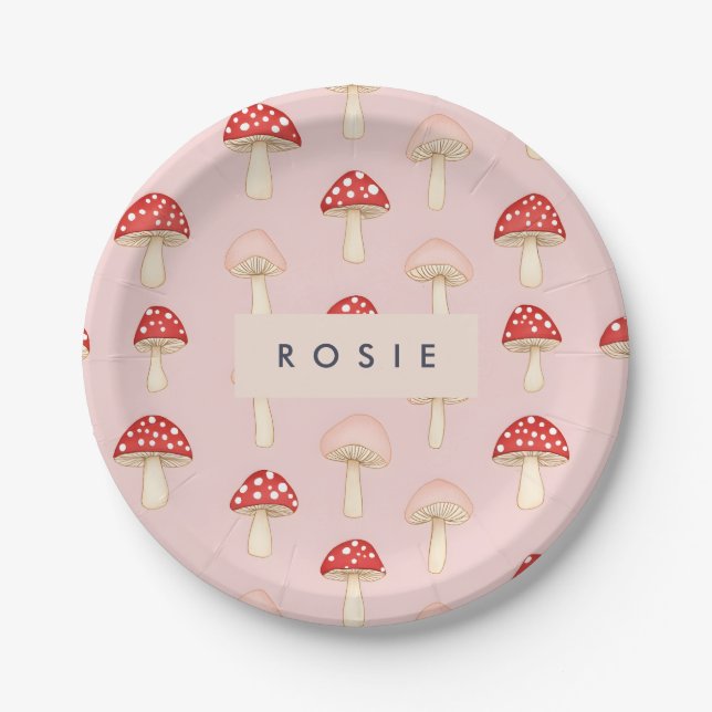 Personalised Whimsical Red Pink Mushroom Pattern Paper Plate (Front)