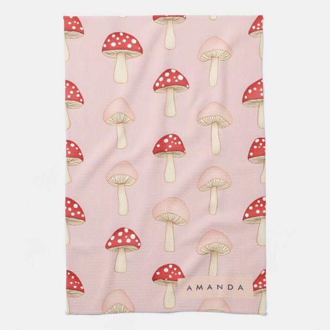 Personalised Whimsical Red Pink Mushroom Pattern Tea Towel (Vertical)