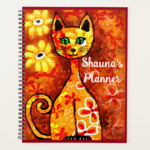 Personalised Whimsical Retro Kitty Cat Orange Red Planner