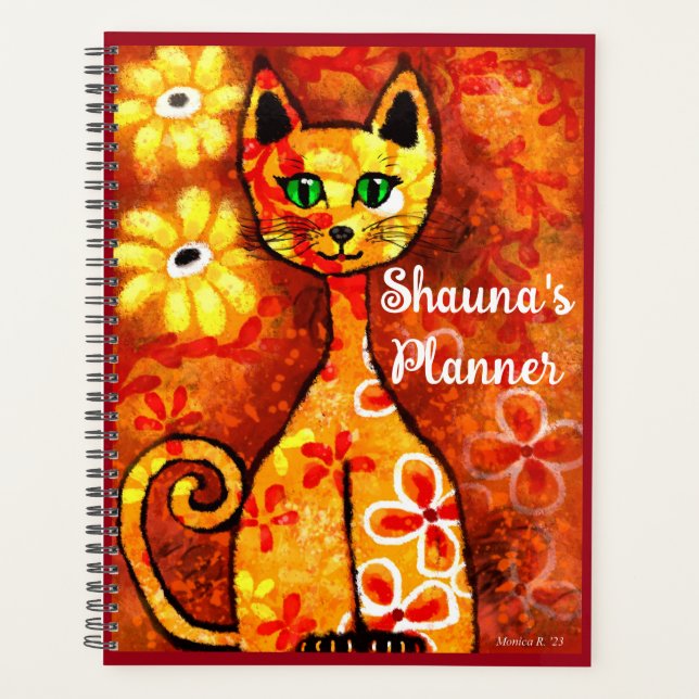 Personalised Whimsical Retro Kitty Cat Orange Red  Planner (Front)