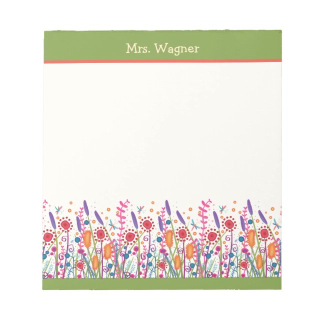 Personalised Whimsical Wildflowers Green Teacher  Notepad (Front)