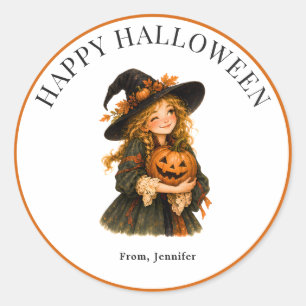 Personalised Whimsical Witch Pumpkin Halloween  Classic Round Sticker