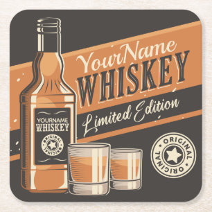 Personalised Whiskey Liquor Bottle Western Bar Square Paper Coaster