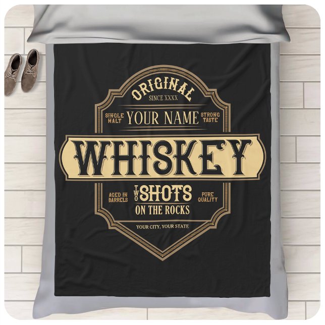 Personalised Whiskey on the Rocks Liquor Label Bar Fleece Blanket (Creator Uploaded)