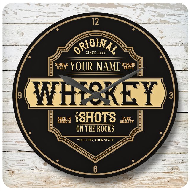 Personalised Whiskey on the Rocks Liquor Label Bar Large Clock (Creator Uploaded)