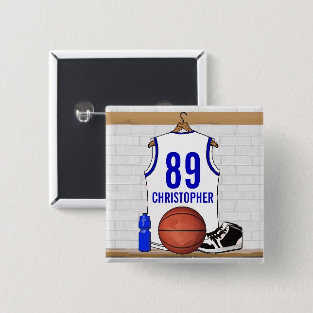 Personalised White and Blue Basketball Jersey 15 Cm Square Badge (Front & Back)