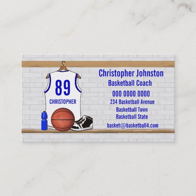 Personalised White and Blue Basketball Jersey Business Card (Front)