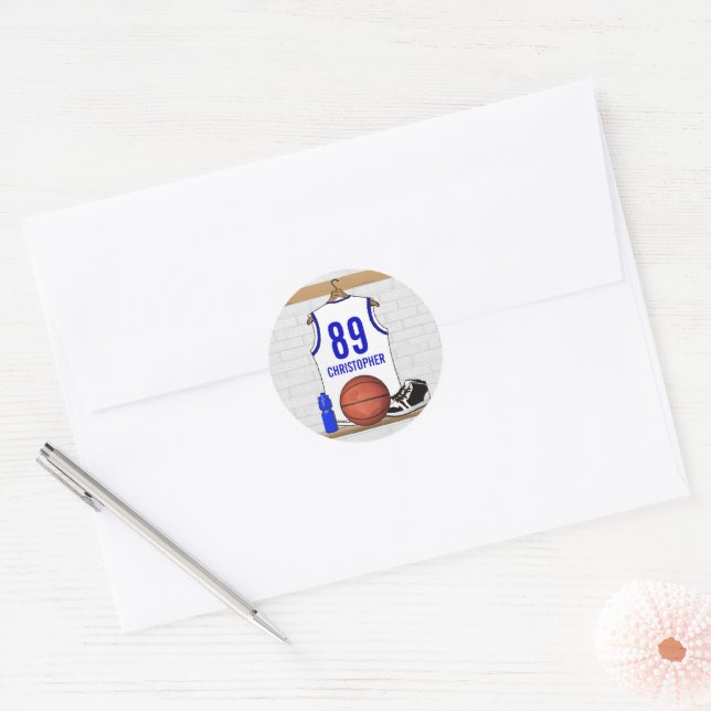Personalised White and Blue Basketball Jersey Classic Round Sticker (Envelope)