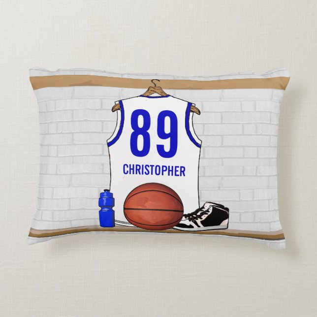 Personalised White and Blue Basketball Jersey Decorative Cushion (Back)