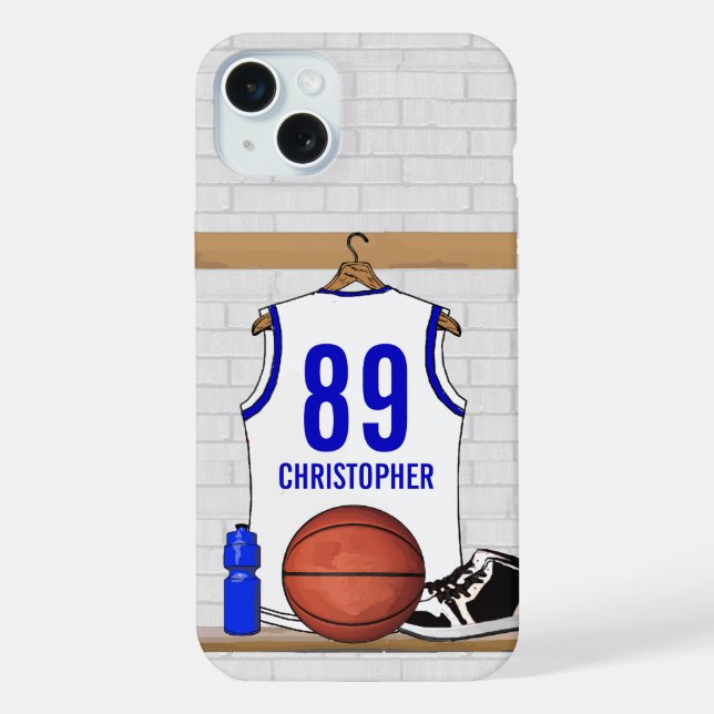 Personalised White and Blue Basketball Jersey iPhone Case (Back)